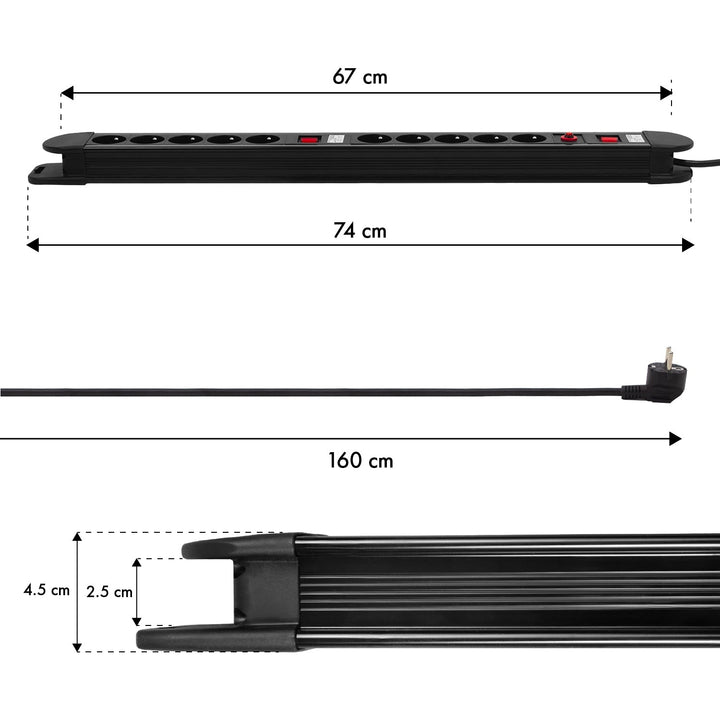 Maclean produžni kabel s 10 utičnica, 2 prekidača, zaštita od prenapona i indikator, 3680 W, MCE10