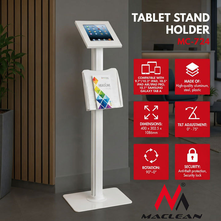 Maclean stalak za oglašavanje tableta, stojeći na podu s bravom, za 9,7"/10,2" iPad, 10,5" iPad Air/iPad Pro, 10,1" Samsung Galaxy Tab A (2019), MC-724