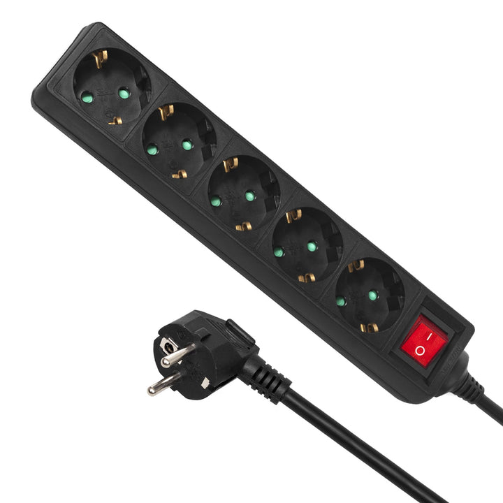Maclean produžni kabel s 5 utičnica, s prekidačem, crni, njemački tip, 3500 W, 1,4 m, MCE226G
