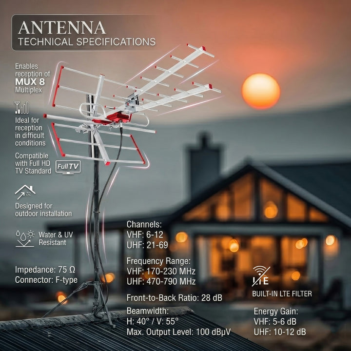 Vanjska TV antena DVB-T/T2 HEVC Combo UHF VHF pasivna, max. 100 dBµV, Maclean MCTV-855, Lte filter