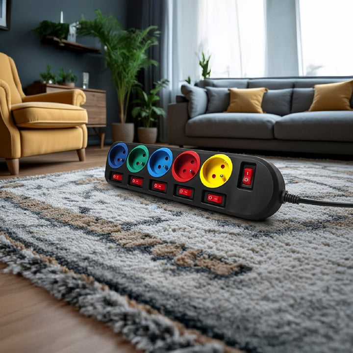 Maclean Energy MCE204M produžni kabel s 5 utičnica i prekidačima, 250 VAC/10 A, 1,5 m, višebojni