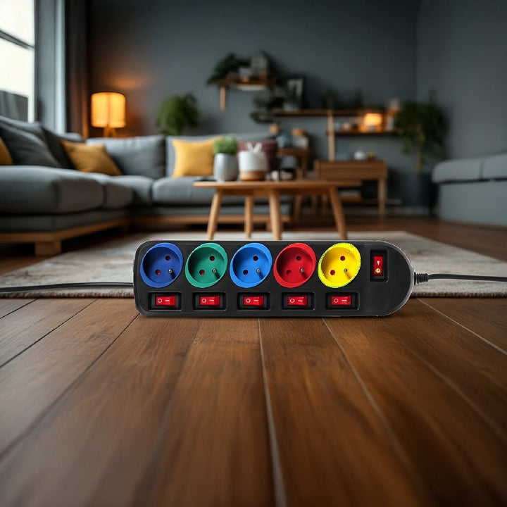 Maclean Energy MCE204M produžni kabel s 5 utičnica i prekidačima, 250 VAC/10 A, 1,5 m, višebojni
