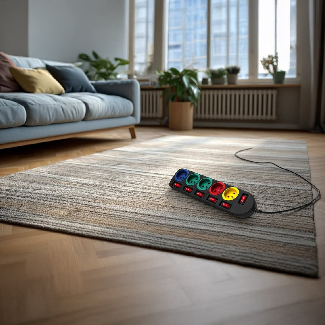 Maclean Energy MCE204M produžni kabel s 5 utičnica i prekidačima, 250 VAC/10 A, 1,5 m, višebojni