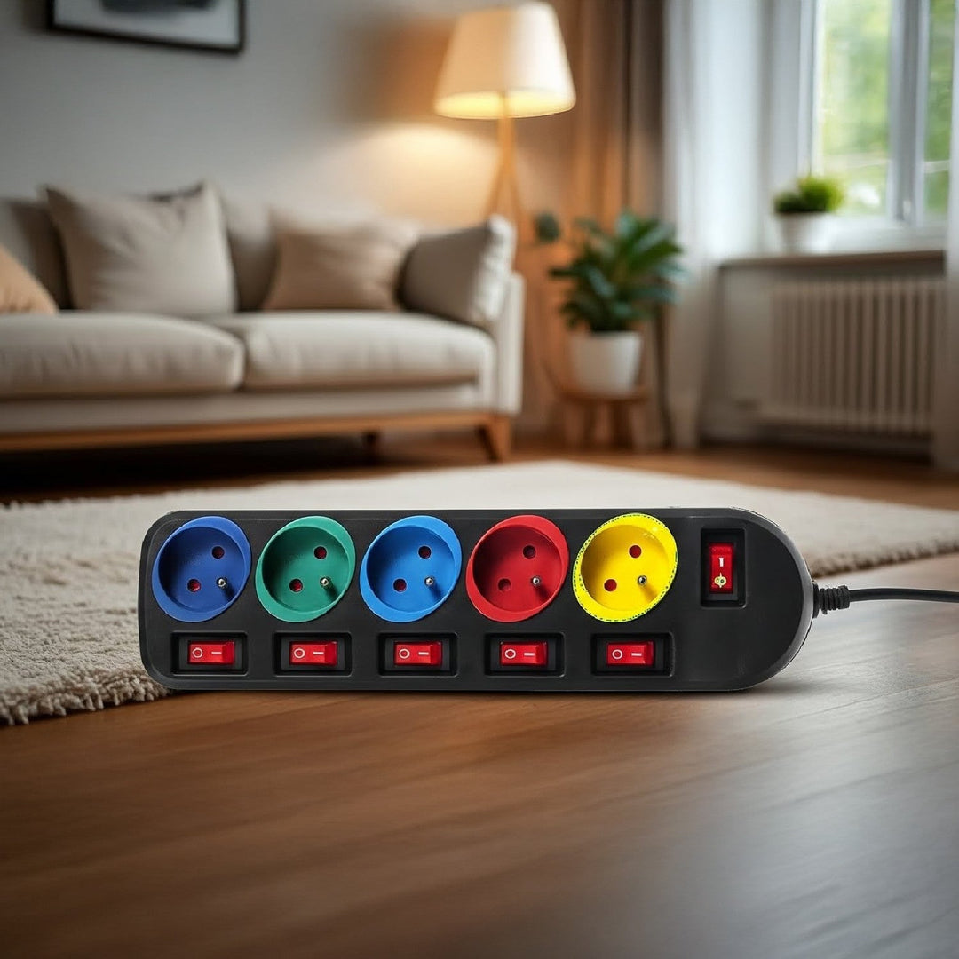 Maclean Energy MCE204M produžni kabel s 5 utičnica i prekidačima, 250 VAC/10 A, 1,5 m, višebojni