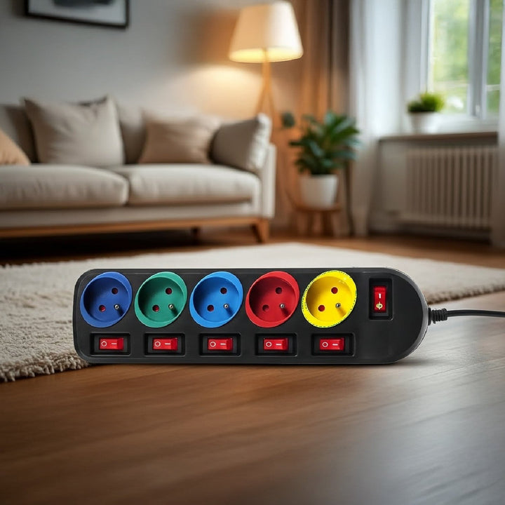 Maclean Energy MCE204M produžni kabel s 5 utičnica i prekidačima, 250 VAC/10 A, 1,5 m, višebojni