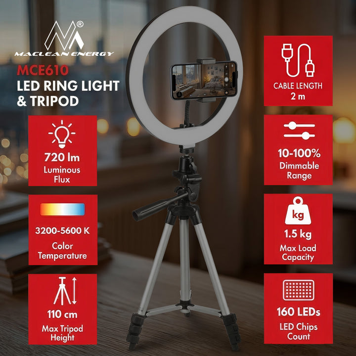 10" LED prstenasta svjetiljka 12 W s 1,1 m stativom Maclean Energy MCE610, Bluetooth samookidačem, podesivom temperaturom boje od 3200 K do 5600 K i svjetlinom od 10 do 100 %.