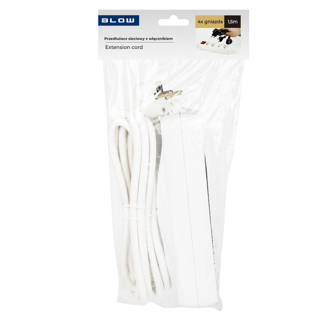 Produžni kabel s uzemljenjem, 4 utičnice s prekidačem, 1,5 m, bijeli PR-470wsp 3x1,5 mm Blow