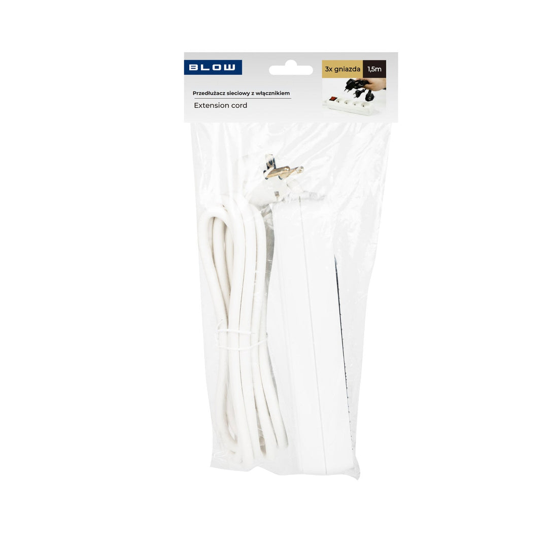 Produžni kabel s uzemljenjem, 3 utičnice s prekidačem, 1,5 m, bijeli PR-370wsp 3x1,5 mm Blow