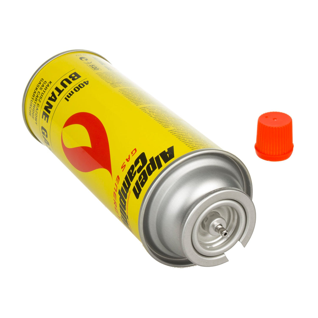 Alpen Camping plinska patrona 400 ml. Certifikat: Pi 0875, u skladu s EN417, izobutan, radni raspon -10 °C do +40 °C, IK004.