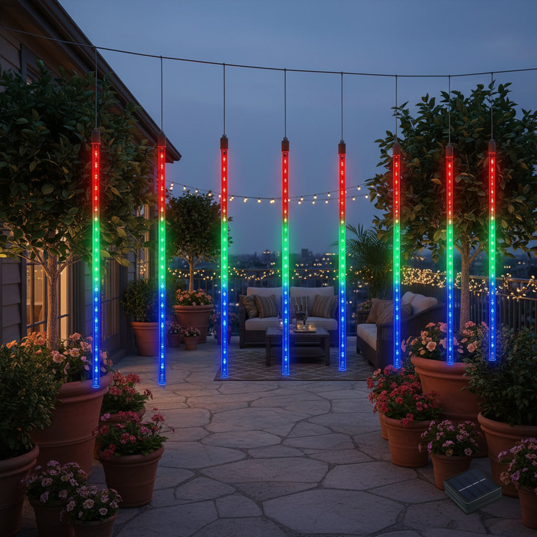 Maclean solarne LED svjetiljke, duljine 2,4 m, 144 LED diode, 8 RGB ledenjaka, način padajućih ledenjaka, Li baterija 800 mAh, MCE412