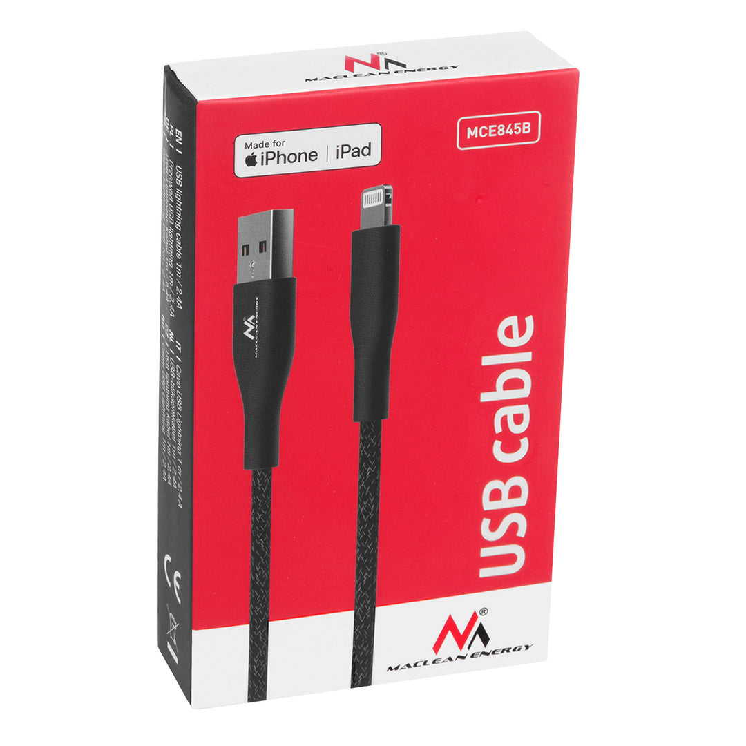 MFi (Made for iPhone / iPod / iPad) kabel s podrškom za brzo punjenje 2,4 A – Maclean Energy MCE845B, crni, 1 m, 5 V/2,4 A – prijenos podataka