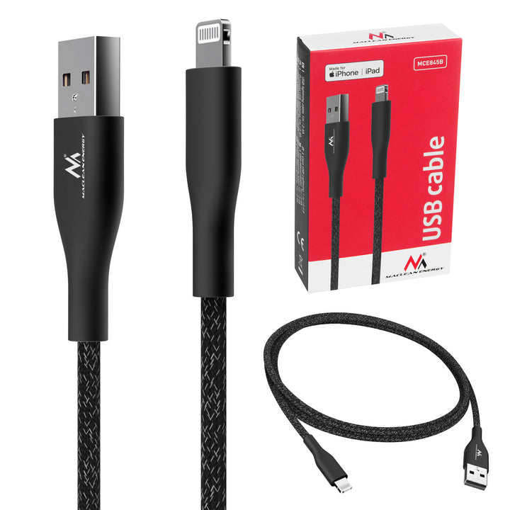 MFi (Made for iPhone / iPod / iPad) kabel s podrškom za brzo punjenje 2,4 A – Maclean Energy MCE845B, crni, 1 m, 5 V/2,4 A – prijenos podataka