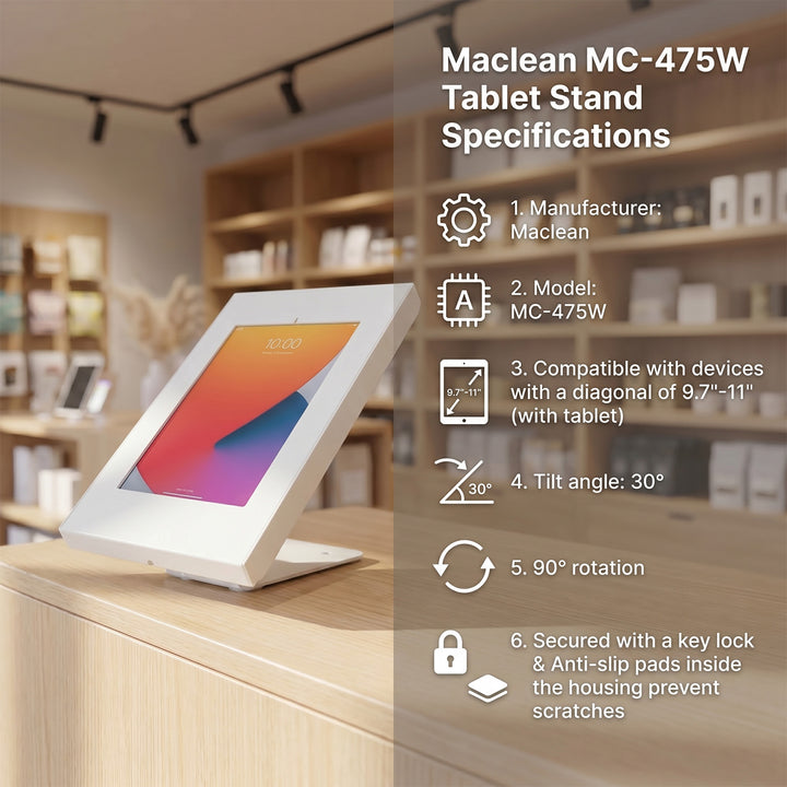 Maclean držač za tablete, zidni/stolni, s bravicom, 9,7"-11", za iPad/iPad Air/iPad Pro, Samsung Galaxy Tab A/Tab A7/Tab S6 Lite, MC-475W