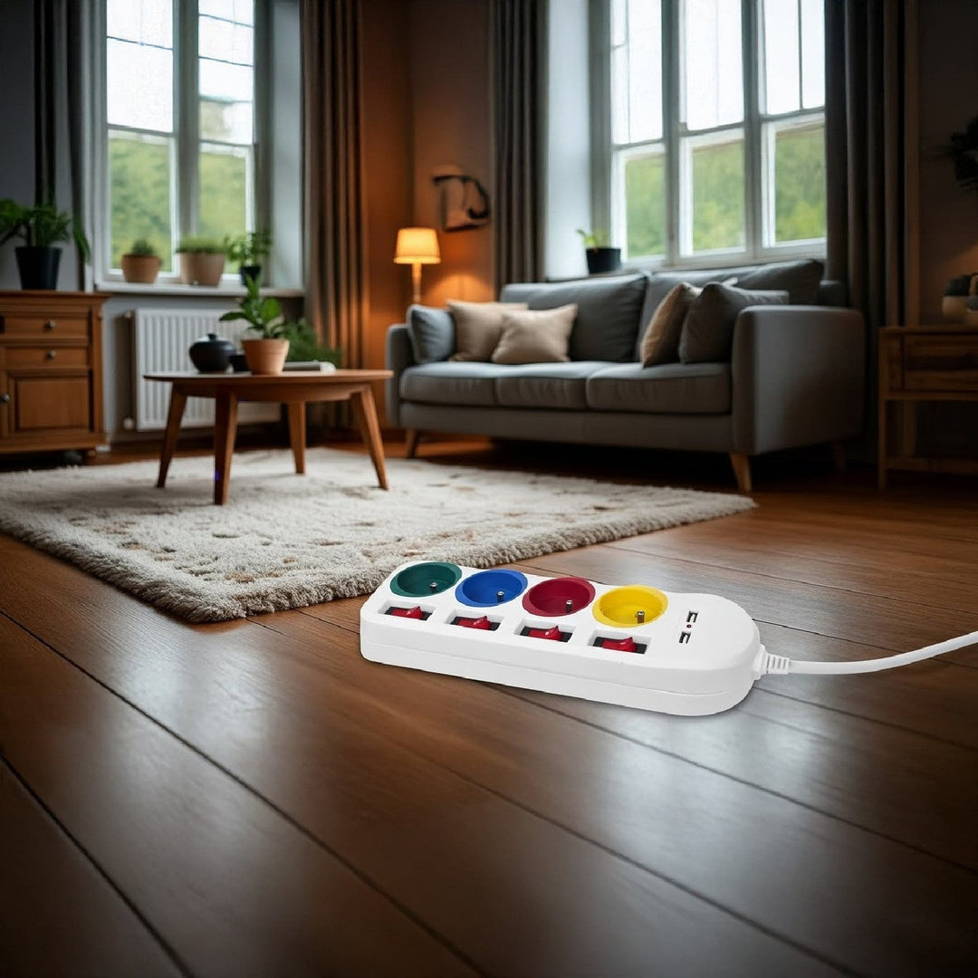 Maclean produžni kabel s 4 utičnice + 2 USB priključka, s prekidačima, 250 VAC/10 A, 2,1 A 5 V, 1,5 m, bijeli, MCE229 W