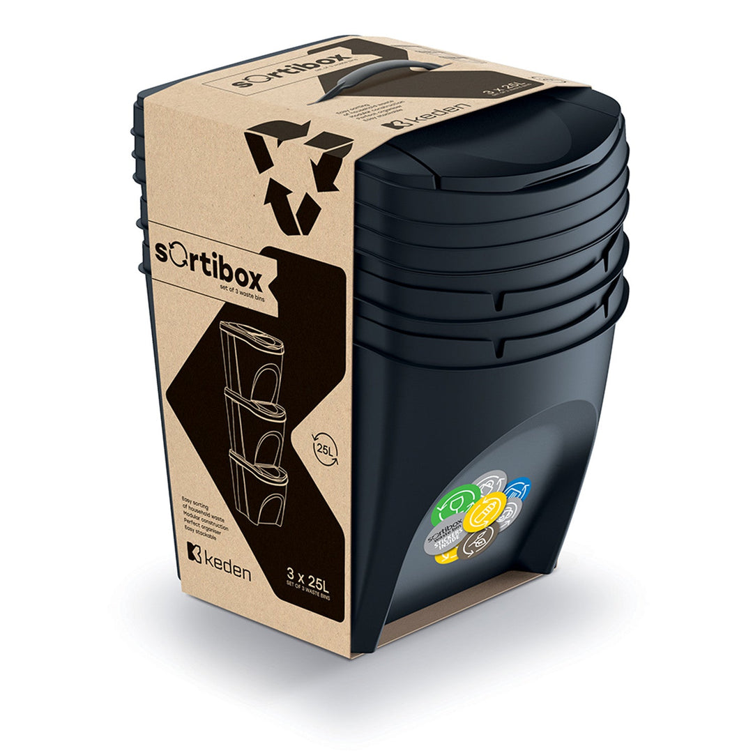 Keden Sortibox set 3x25L crnih kanti za razdvajanje otpada
