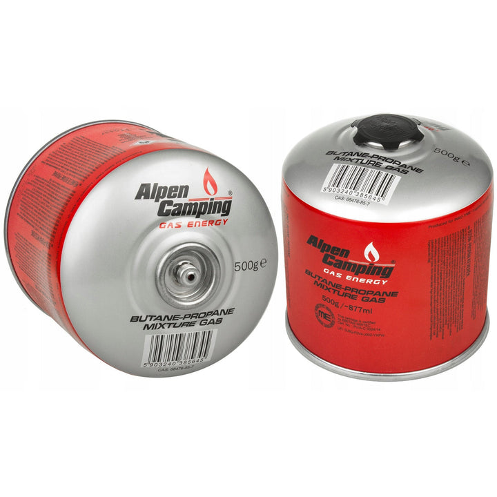 2x 500 g Alpen Camping plinska patrona. Certifikat: Pi 0437, u skladu s EN417, propan-butan, raspon -10 °C do +40 °C, ventil 7/16" IK008.