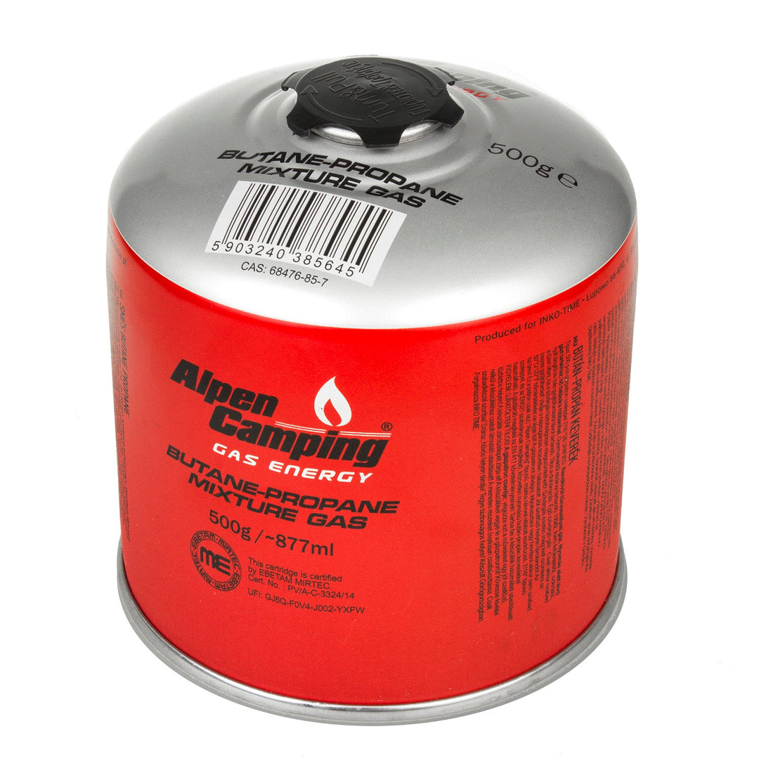 4x 500 g Alpen Camping plinske patrone. Certifikat: Pi 0437, u skladu s EN417, propan-butan, raspon -10 °C do +40 °C, ventil 7/16", IK008.