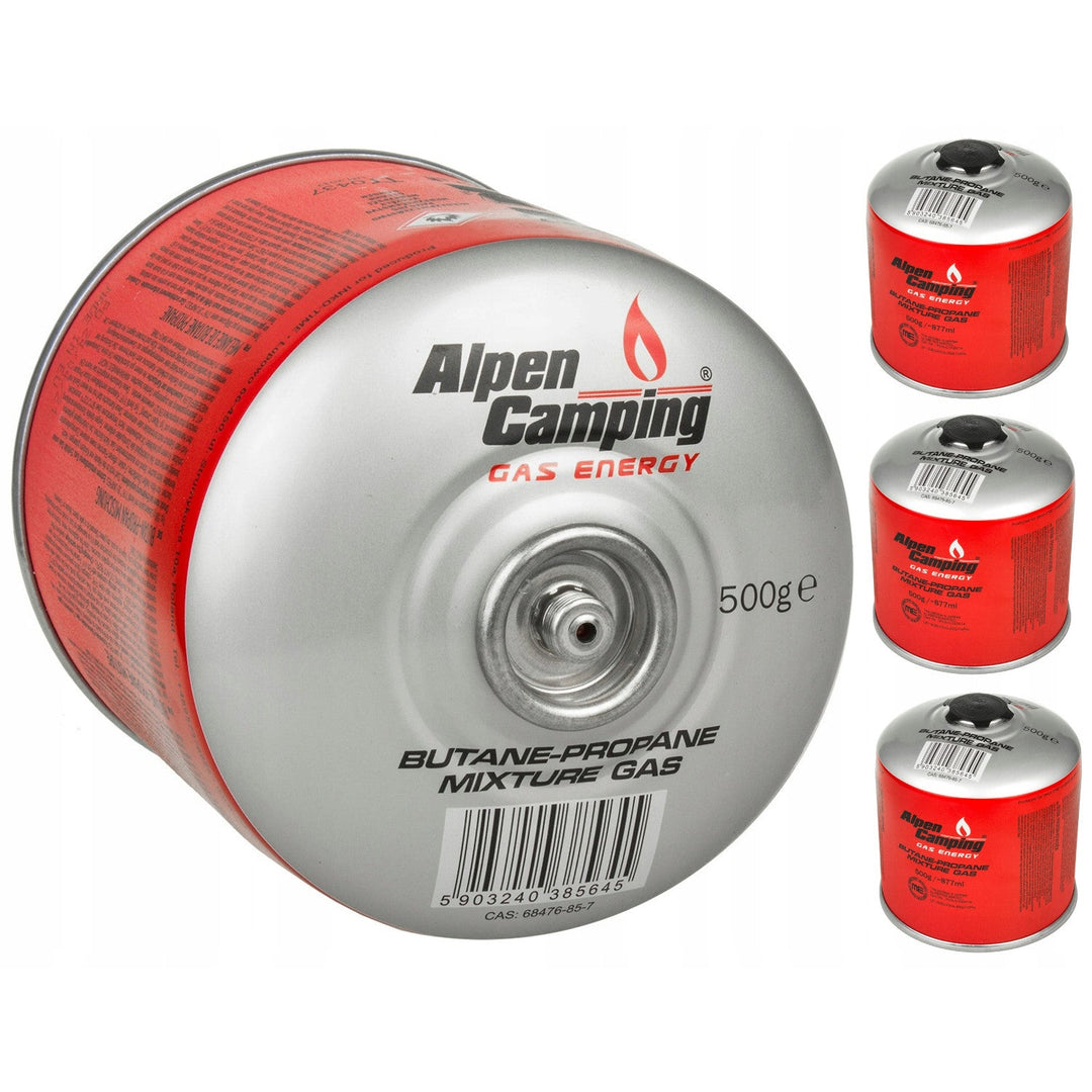 4x 500 g Alpen Camping plinske patrone. Certifikat: Pi 0437, u skladu s EN417, propan-butan, raspon -10 °C do +40 °C, ventil 7/16", IK008.
