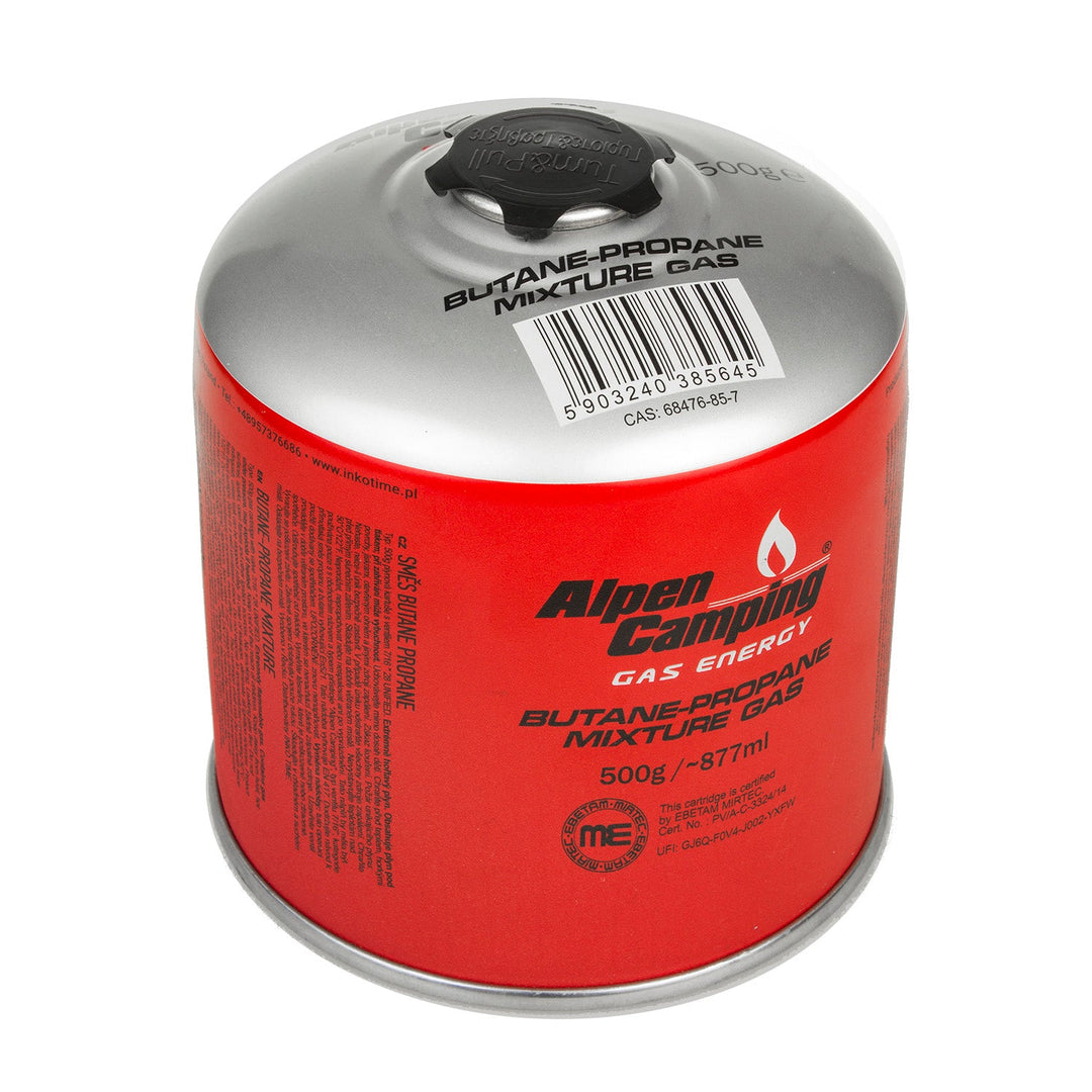 3x 500 g Alpen Camping plinska patrona. Certifikat: Pi 0437, u skladu s EN417, propan-butan, raspon -10 °C do +40 °C, ventil 7/16" IK008.