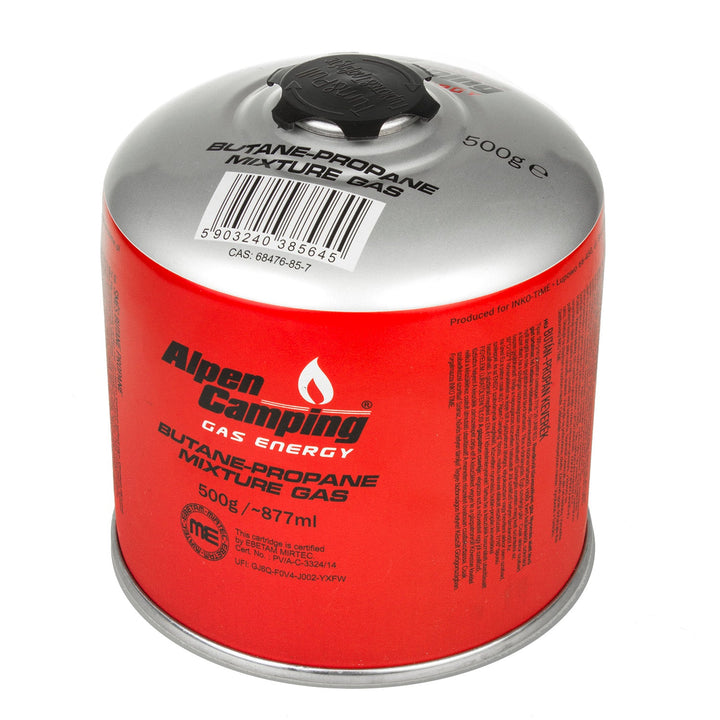 3x 500 g Alpen Camping plinska patrona. Certifikat: Pi 0437, u skladu s EN417, propan-butan, raspon -10 °C do +40 °C, ventil 7/16" IK008.