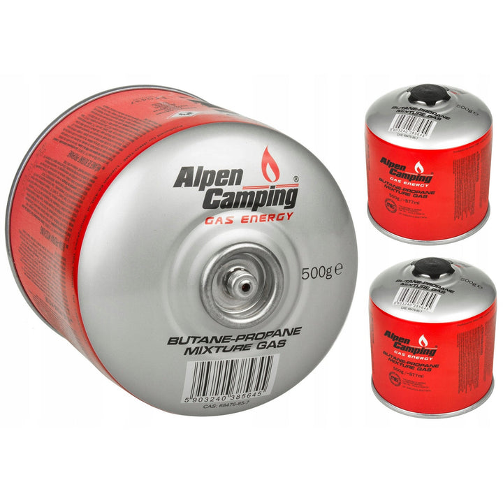3x 500 g Alpen Camping plinska patrona. Certifikat: Pi 0437, u skladu s EN417, propan-butan, raspon -10 °C do +40 °C, ventil 7/16" IK008.