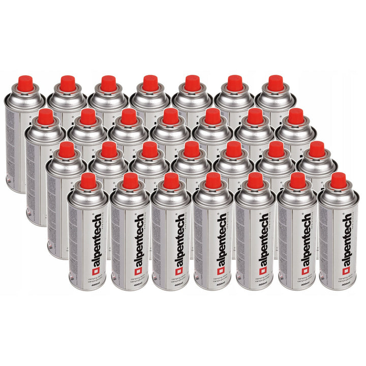 28x 380ml cartuș de gaz Alpentech, certificare: Pi 0875, conform cu EN521, butan, domeniu de funcționare -10°C până la +40°C, IK300