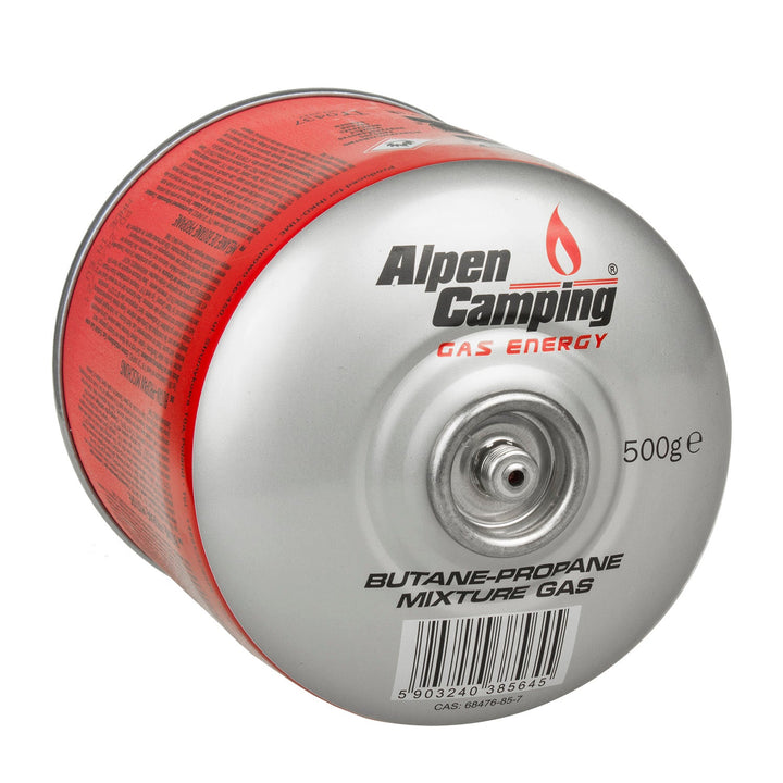 6 x 500 g Alpen Camping plinskih patrona. Certifikat: Pi 0437, u skladu s EN417, propan-butan, raspon -10 °C do +40 °C, ventil 7/16", IK008.