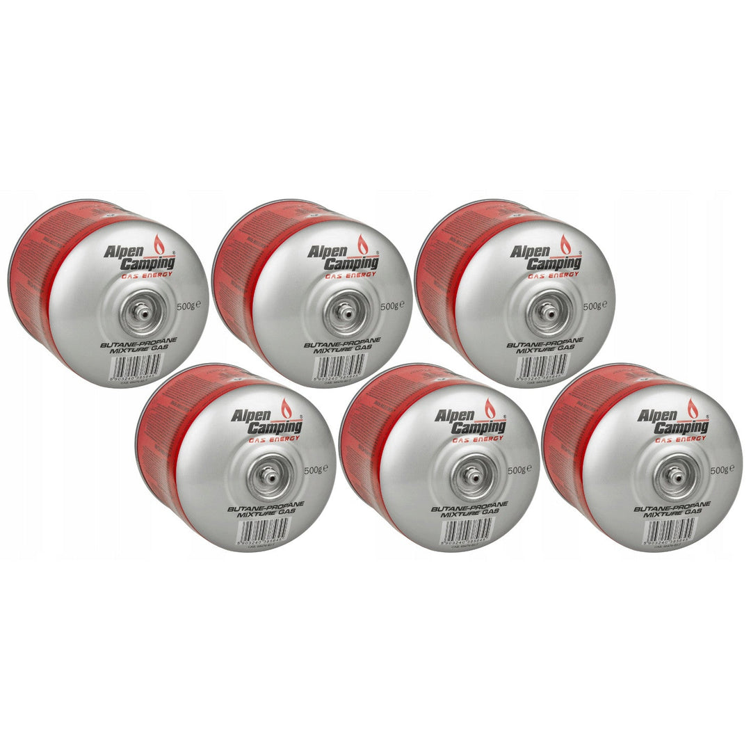 6 x 500 g Alpen Camping plinskih patrona. Certifikat: Pi 0437, u skladu s EN417, propan-butan, raspon -10 °C do +40 °C, ventil 7/16", IK008.