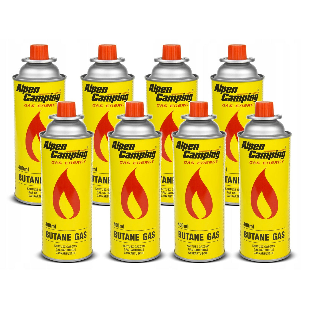 8 x 400 ml Alpen Camping plinskih patrona. Certifikat: Pi 0875, u skladu s EN417, izobutan, radni raspon -10 °C do +40 °C, IK004