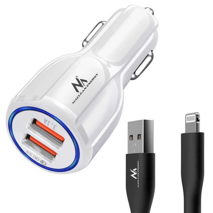 Maclean punjač za automobil, Qualcomm Quick Charge, QC 3.0 – 5V/3A, 9V/1.8A, 12V/1.6A, 5V/3.1A utičnica s USB Lightning kabelom