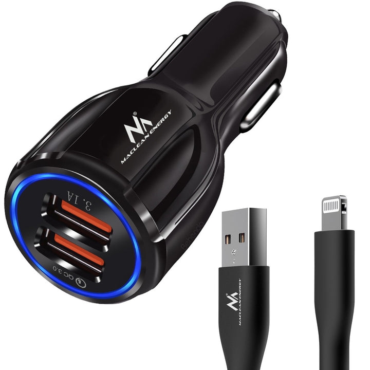 Maclean punjač za automobil, Qualcomm Quick Charge, QC 3.0 – 5V/3A, 9V/1.8A, 12V/1.6A, 5V/3.1A utičnica s USB Lightning kabelom