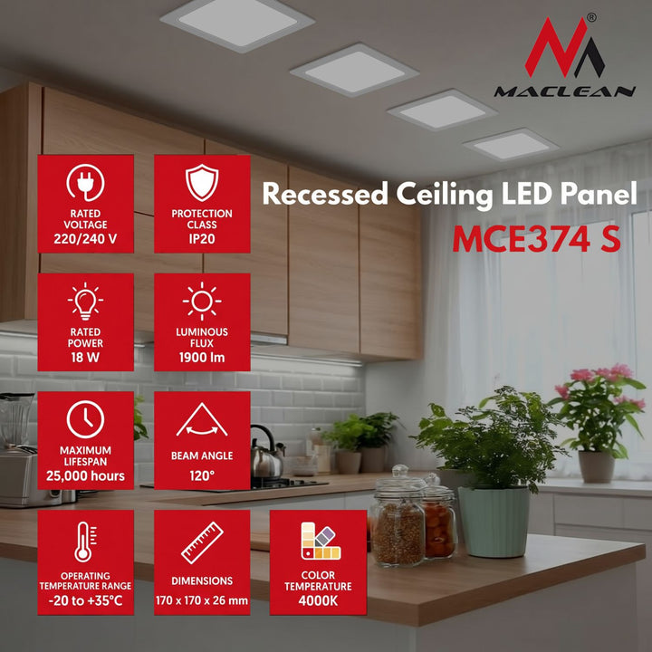Maclean stropni LED panel, ugradbeni SLIM, 18 W, neutralno bijela 4000 K, 170*170*26 mm, 1900 lm, MCE374 S