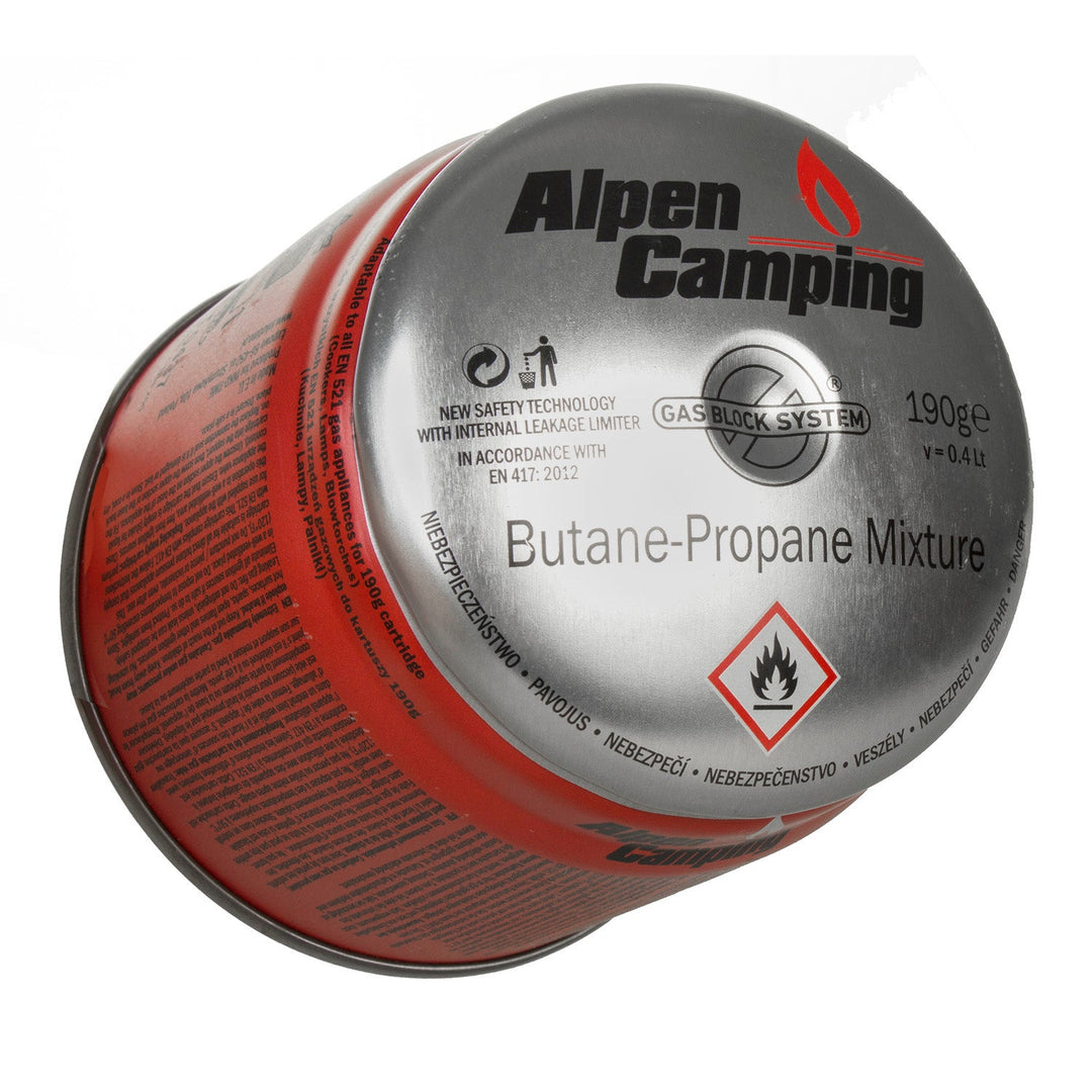 24 x 400 ml Alpen Camping plinske patrone. Certifikat: Pi 0437, u skladu s EN417, propan-butan, raspon -10 °C do +40 °C, sustav GAS STOP IK006.