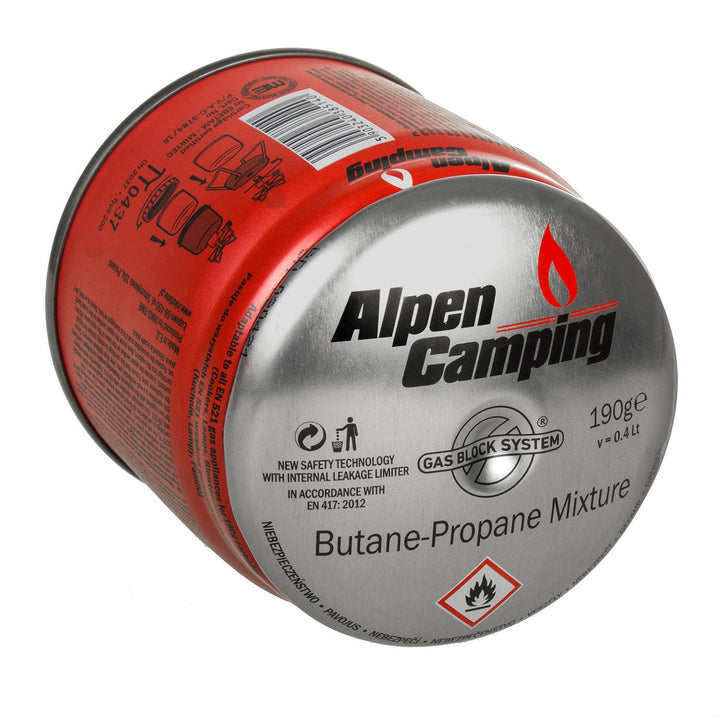 12 x 400 ml Alpen Camping plinskih patrona. Certifikat: Pi 0437, u skladu s EN417, propan-butan, raspon -10 °C do +40 °C, sustav GAS STOP IK006.