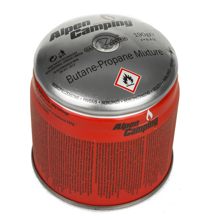 12 x 400 ml Alpen Camping plinskih patrona. Certifikat: Pi 0437, u skladu s EN417, propan-butan, raspon -10 °C do +40 °C, sustav GAS STOP IK006.