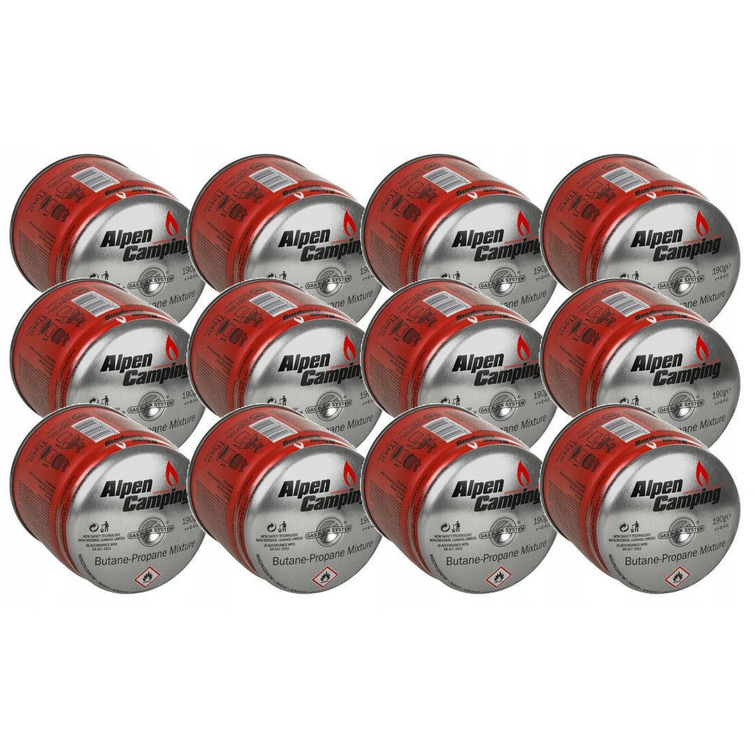 12 x 400 ml Alpen Camping plinskih patrona. Certifikat: Pi 0437, u skladu s EN417, propan-butan, raspon -10 °C do +40 °C, sustav GAS STOP IK006.