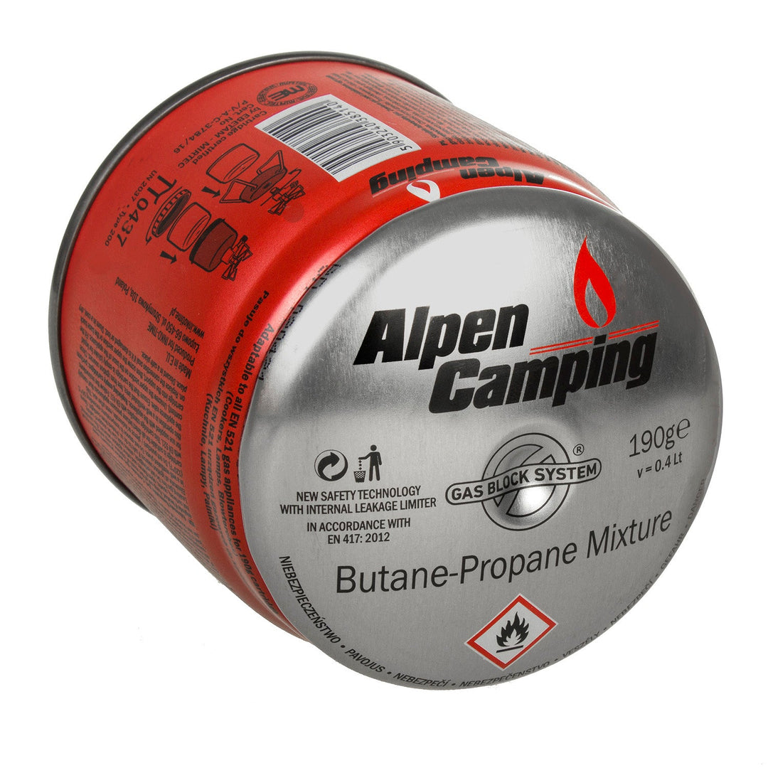 48x 400 ml Alpen Camping plinska patrona. Certifikat: Pi 0437, u skladu s EN417, propan-butan, raspon -10 °C do +40 °C, sustav GAS STOP IK006.