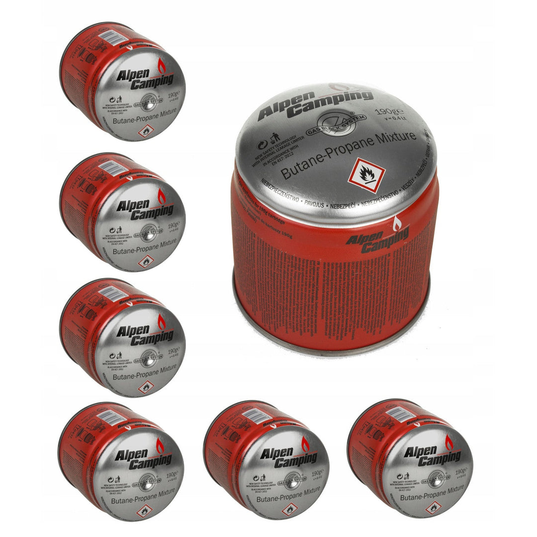 48x 400 ml Alpen Camping plinska patrona. Certifikat: Pi 0437, u skladu s EN417, propan-butan, raspon -10 °C do +40 °C, sustav GAS STOP IK006.