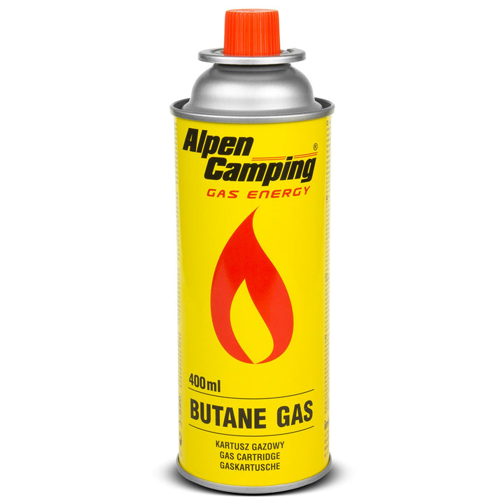 14 x 400 ml Alpen Camping plinskih patrona. Certifikat: Pi 0875, u skladu s EN417, izobutan, radni raspon -10 °C do +40 °C, IK004