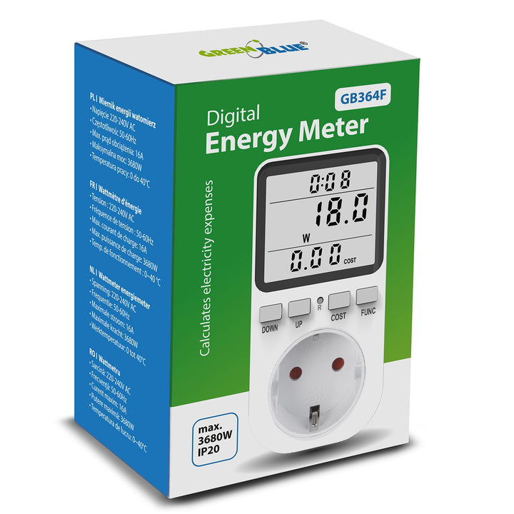 GreenBlue energetski brojilo, vatmetar, tip F, 220-240 V AC, 50 Hz, maksimalno opterećenje 16 A, IP20, ugrađena baterija, GB364 F