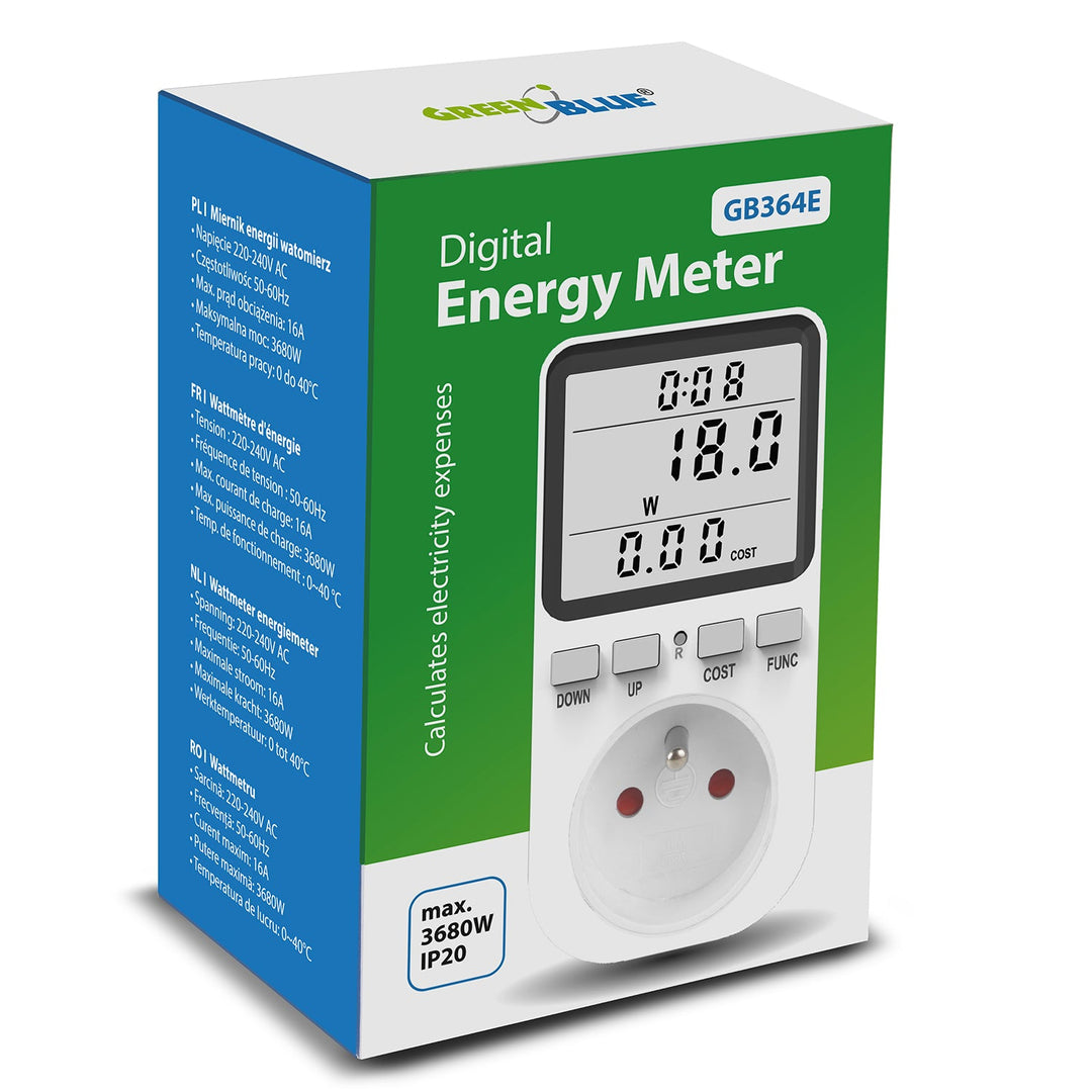 GreenBlue energetski brojilo, vatmetar, tip E, 220-240 V AC, 50 Hz, maksimalno opterećenje 16 A, IP20, ugrađena baterija, GB364 E