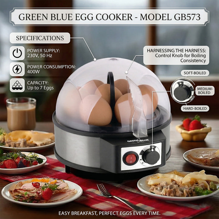 GreenBlue automatski kuhalo za jaja, snaga 400 W, do 7 jaja, mjerna šalica, 220-240 V~, 50 Hz, GB573