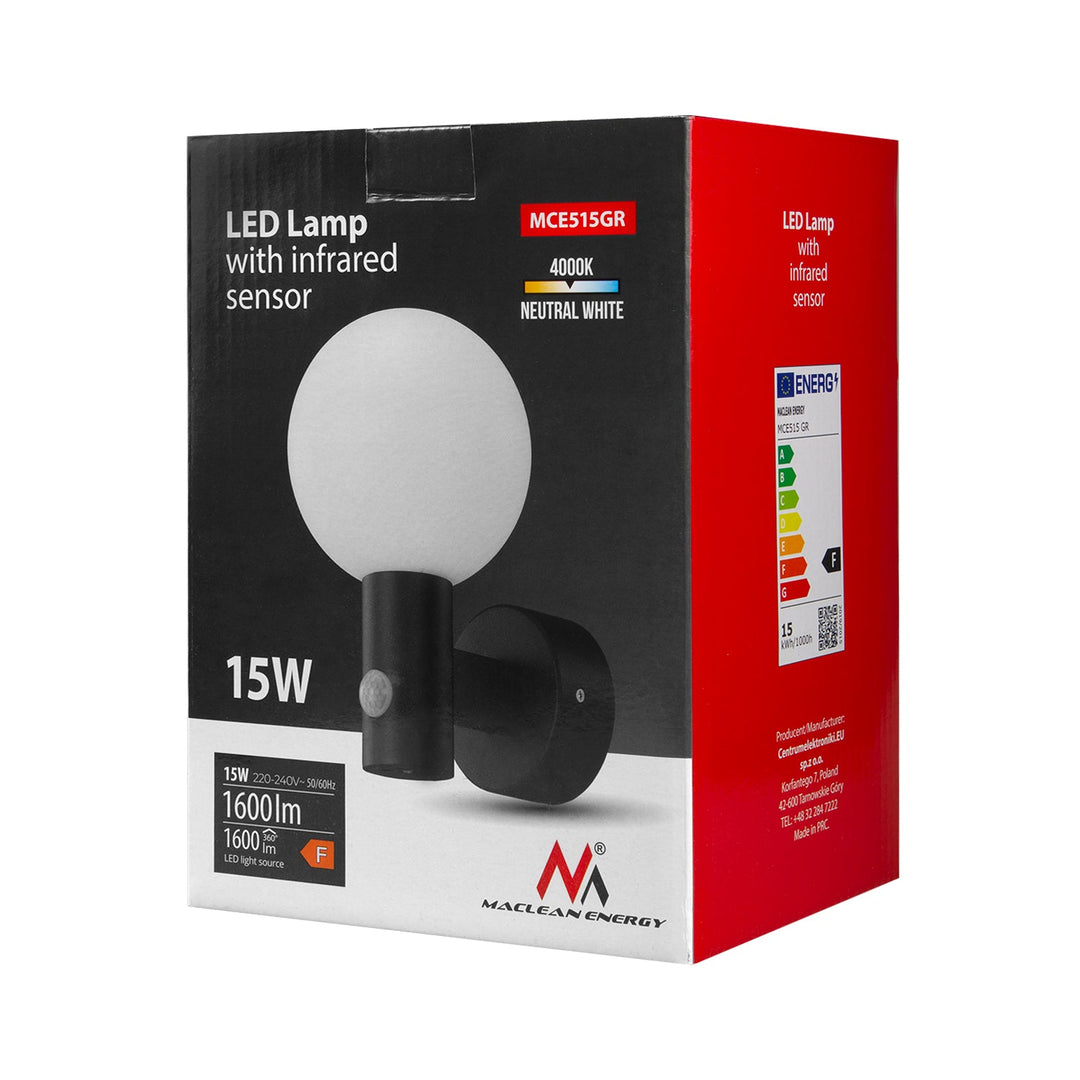 Maclean PIR LED lampa s pokretnim senzorom, siva, 15W, IP65, 1600lm, 4000K