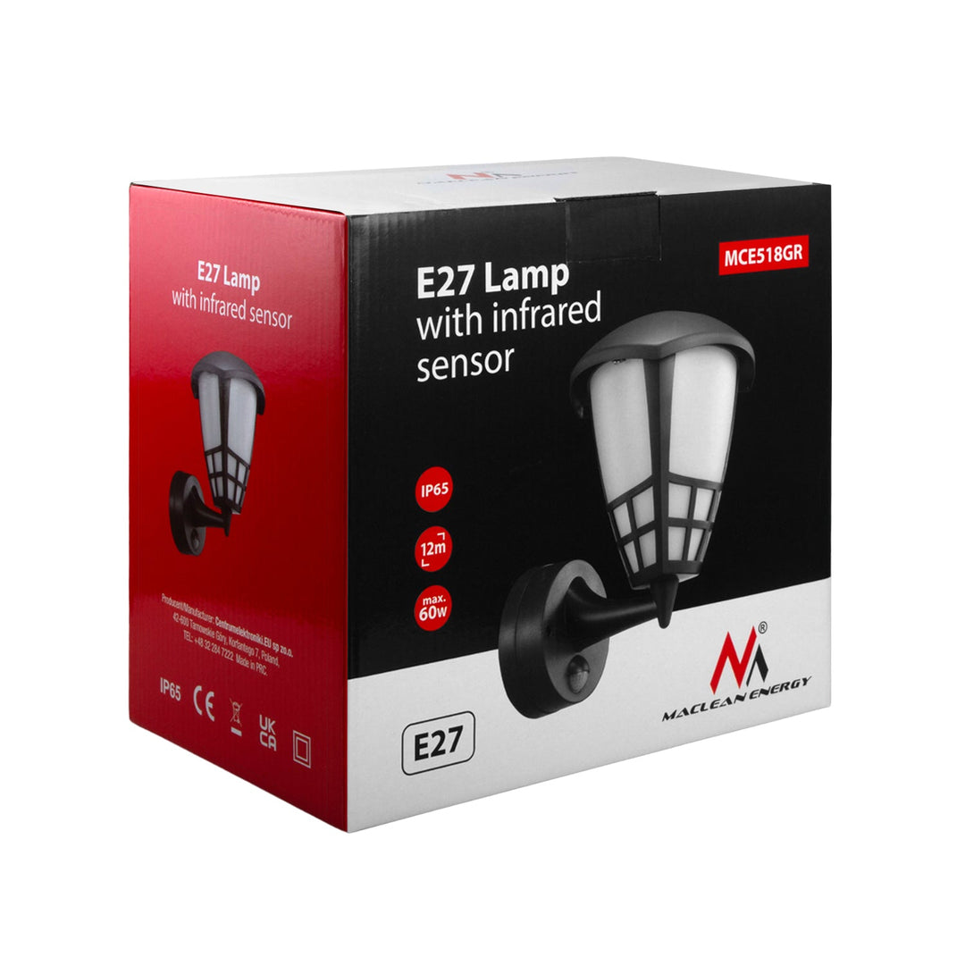 Zidna svjetiljka Maclean MCE518 GR s senzorom, 1xE27, siva, IP65, max. 60 W