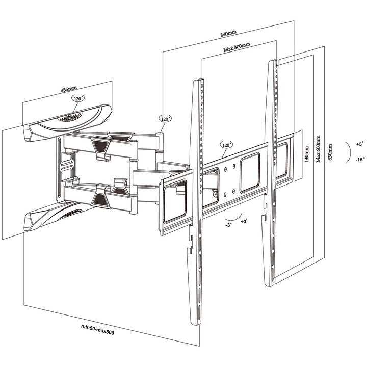 Maclean TV nosač, max. VESA 800x600, 43-100", 80 kg, podešavanje vertikalnog i horizontalnog kuta, profil 50-500 mm, crna, MC-423
