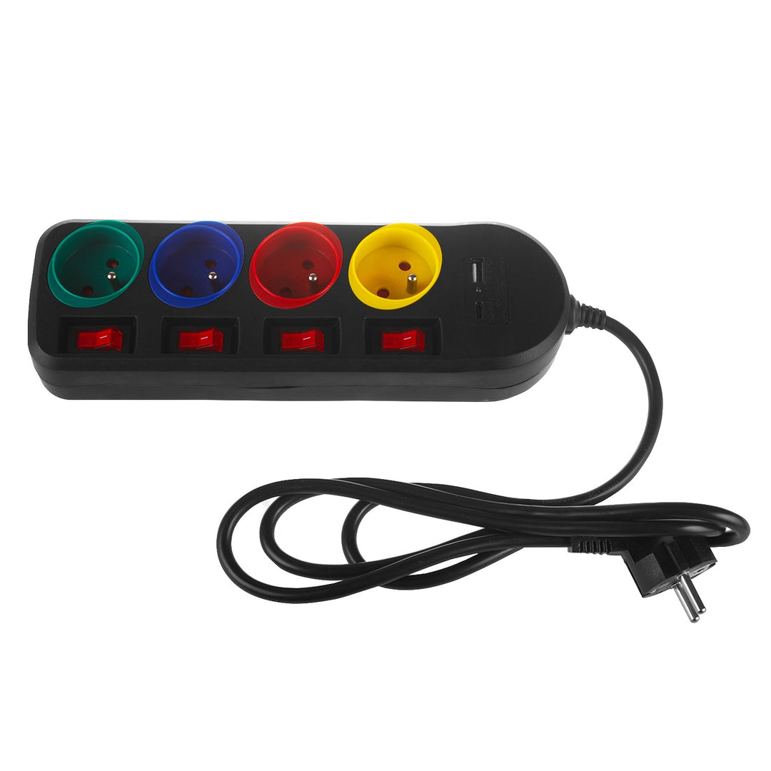 Maclean produžni kabel s 4 utičnice + USB A/C, s prekidačima, 250VAC/10A, 1,5 m, crni, MCE508 B