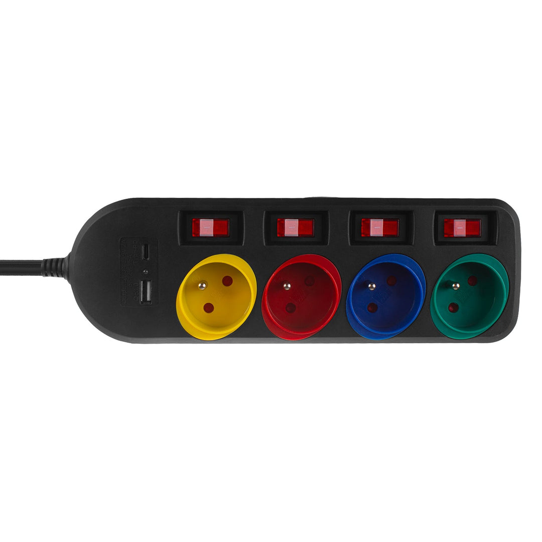 Maclean produžni kabel s 4 utičnice + USB A/C, s prekidačima, 250VAC/10A, 1,5 m, crni, MCE508 B