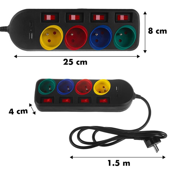 Maclean produžni kabel s 4 utičnice + USB A/C, s prekidačima, 250VAC/10A, 1,5 m, crni, MCE508 B