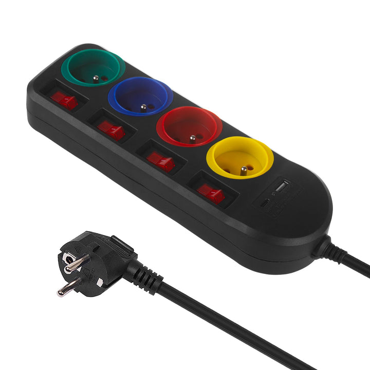 Maclean produžni kabel s 4 utičnice + USB A/C, s prekidačima, 250VAC/10A, 1,5 m, crni, MCE508 B