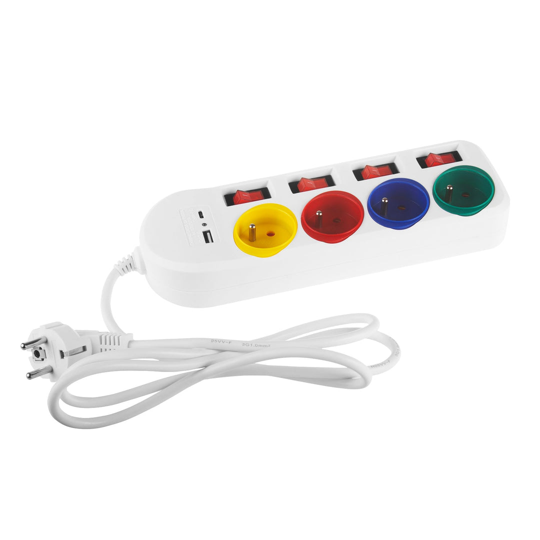 Maclean produžni kabel s 4 utičnice + USB A/C, s prekidačima, 250VAC/10A, 1,5 m, bijeli, MCE508 W